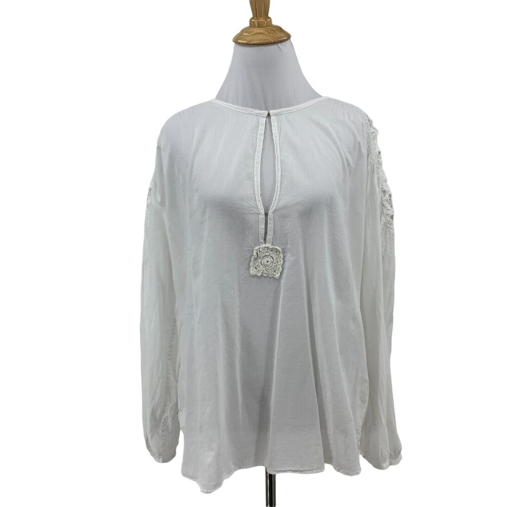 Christophe Sauvat Keyhole Crochet Back Yoke Blouse Womens L Large White Gauze